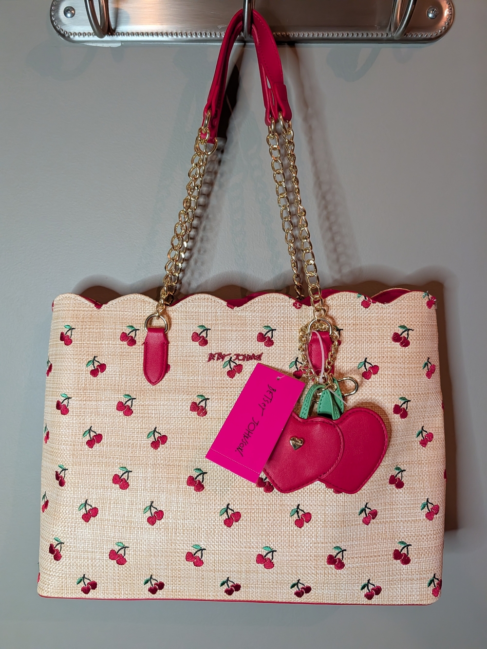 NWT Betsey Johnson Cherry XOTOTE-L Woven Tote Heart Charm $118